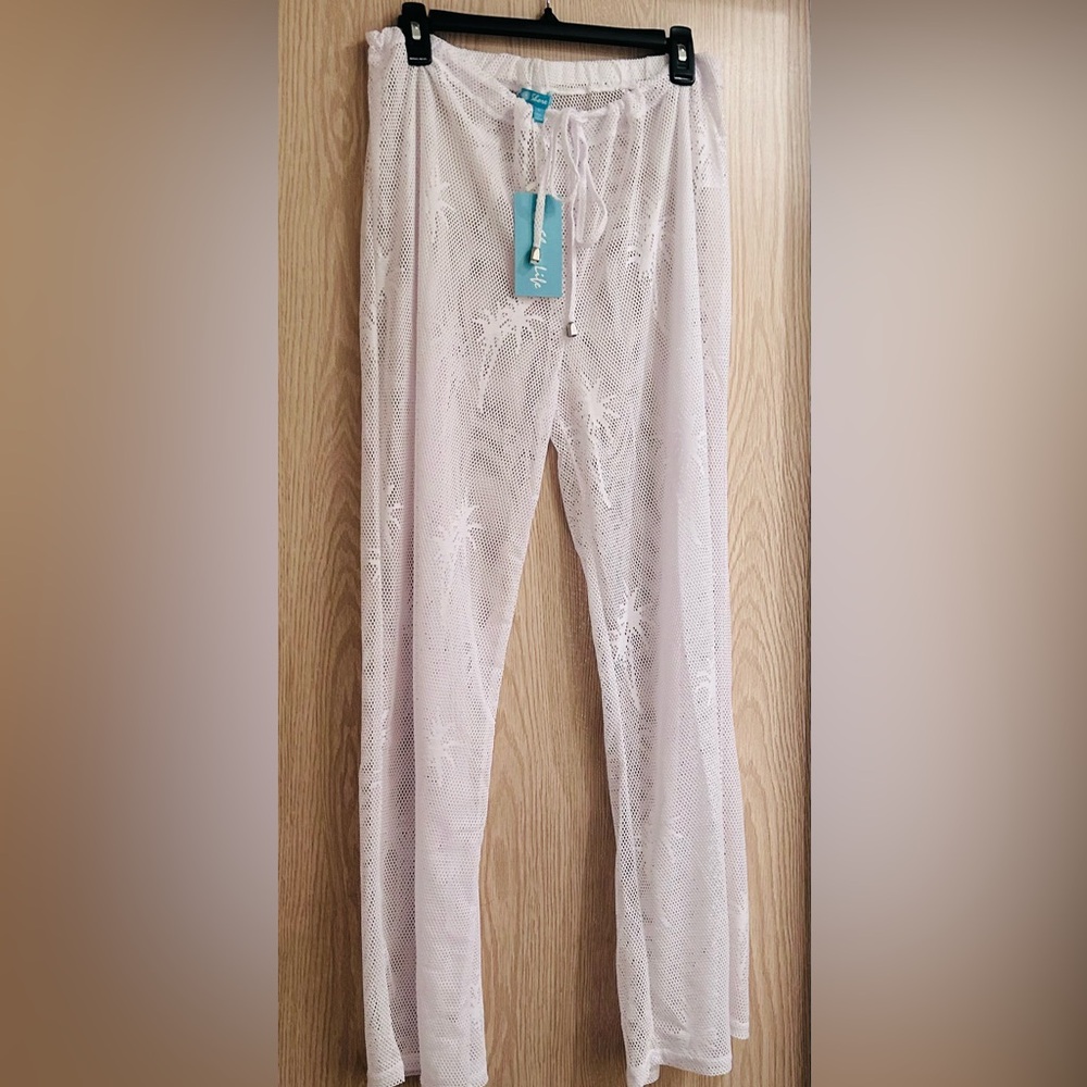 Shore life WHITE swim suit mesh pants size large adjustable drawstring waist NWT